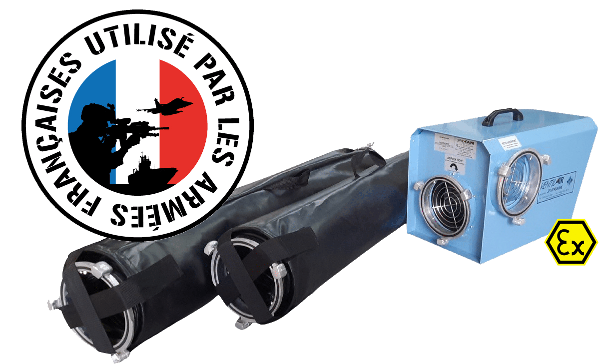 Un ventilateur bleu avec deux gaines noires et le logo UAF