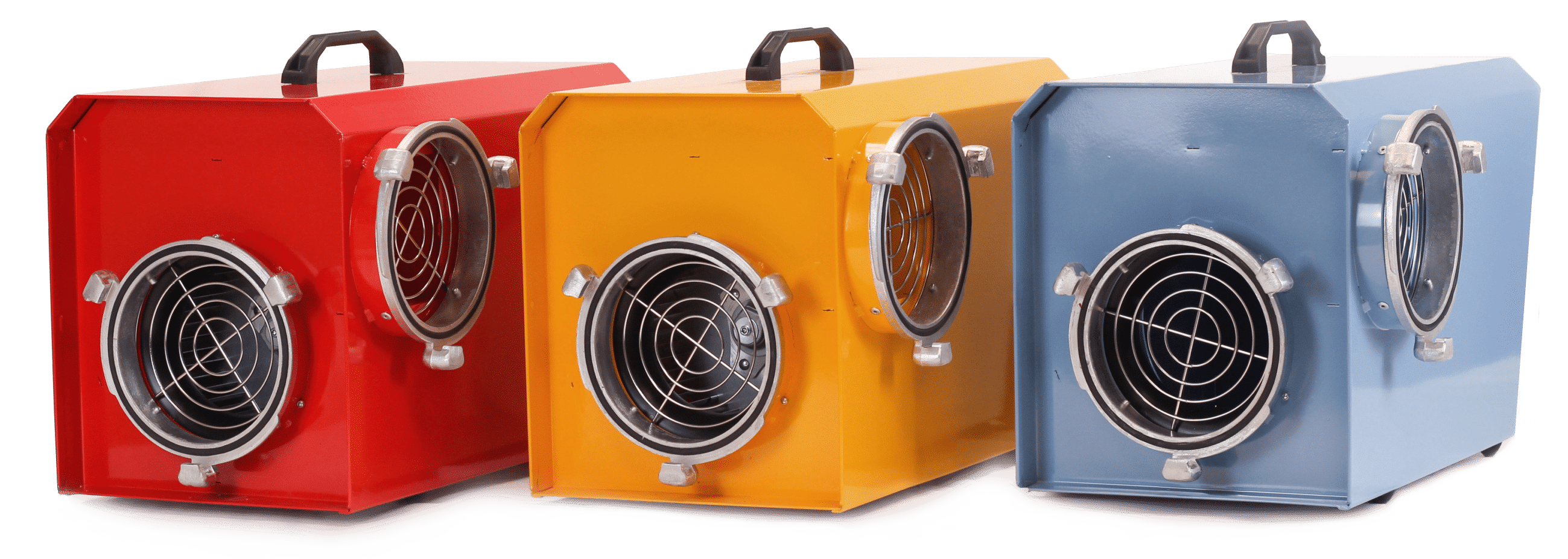 Trois ventilateurs rouge jaune et bleu