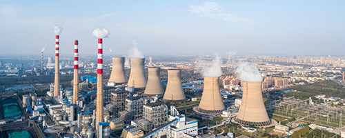 A nuclear power plant with chimneys